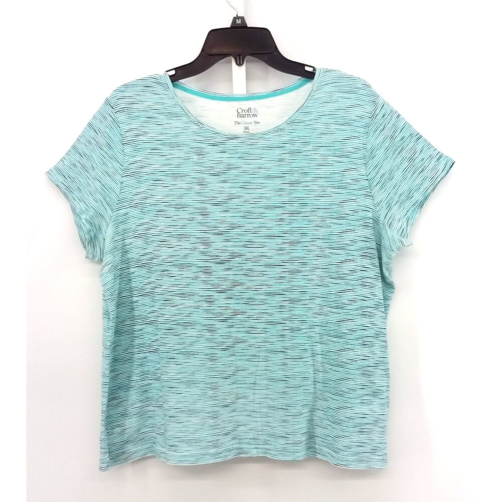 Croft & Barrow Shirt Women Plus Size 2XL Blue Green Micro Striped Short Sleeve